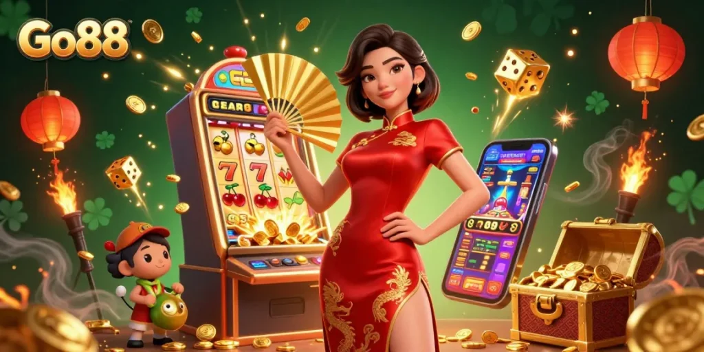 Experience Go88's vibrant casino world with a radiant woman amidst slot machines and golden prizes.