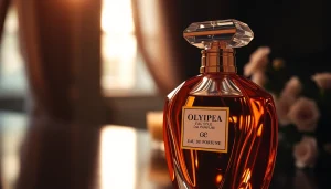 Olympea fragrance bottle surrounded by jasmine and mandarin elements, exuding elegance.