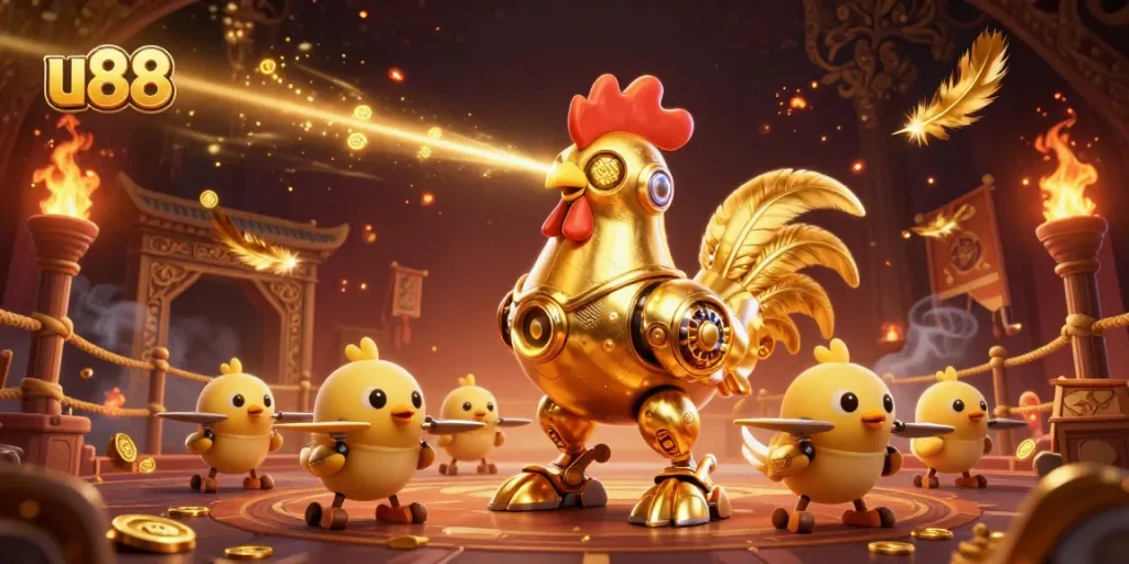 Enjoy thrilling gameplay at u88 with a golden rooster robot in a vibrant casino setting.