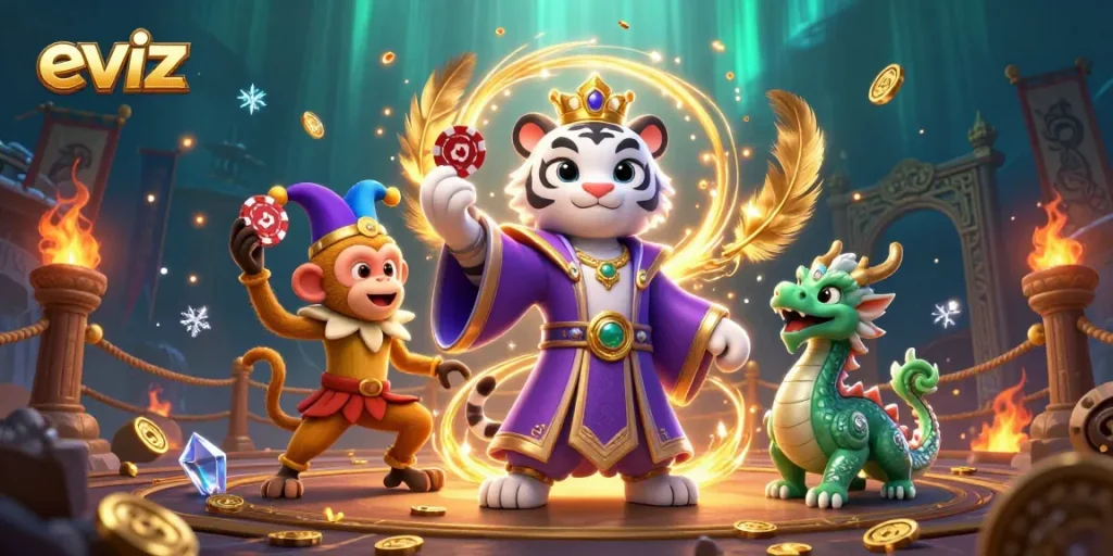 Experience the thrill of gaming at eviz with unique characters in a vibrant casino setting.