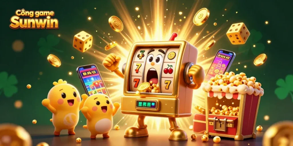 Cổng game Sunwin showcases a lively scene with a golden slot machine celebrating a jackpot, surrounded by colorful casino elements and golden coins.