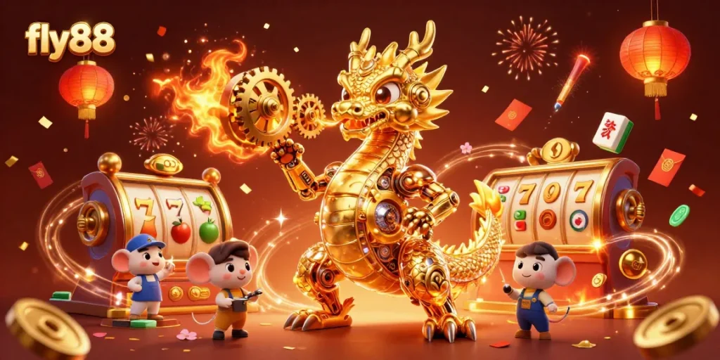 Experience thrilling jackpot excitement at fly88 with a vibrant illustration of a golden dragon amid dazzling casino elements.