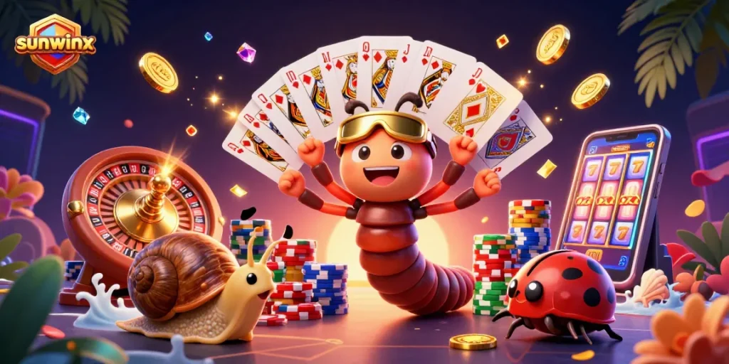 Experience the thrilling gameplay at sunwinx, featuring lively gaming characters and vibrant casino elements.