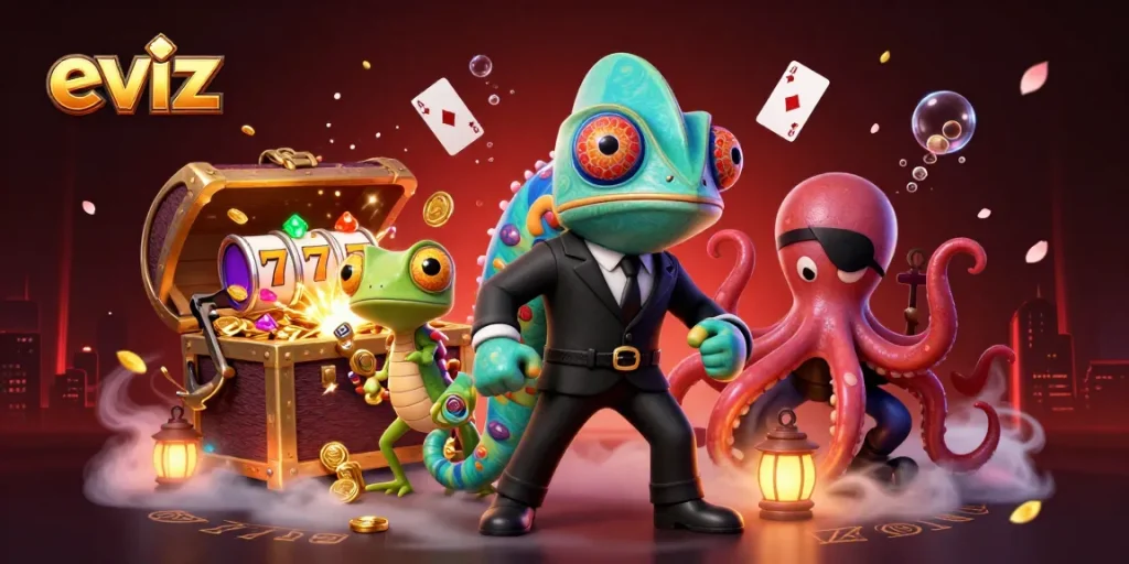 Spin to win with eviz at a vibrant animated casino filled with colorful chameleons, gadgets, and slot reels.