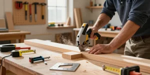 Skilled carpenter using a hand mitre saw for precise woodcuts in a well-organized workshop.