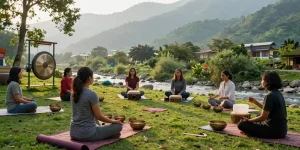 Participants learning in a sound healing course in Rishikesh India amidst tranquil nature at Adhiroha Ashram.