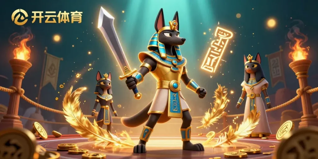 Experience thrilling actions with 开云体育 as Anubis and Bastet battle amidst vibrant casino elements, celebrating online gaming.