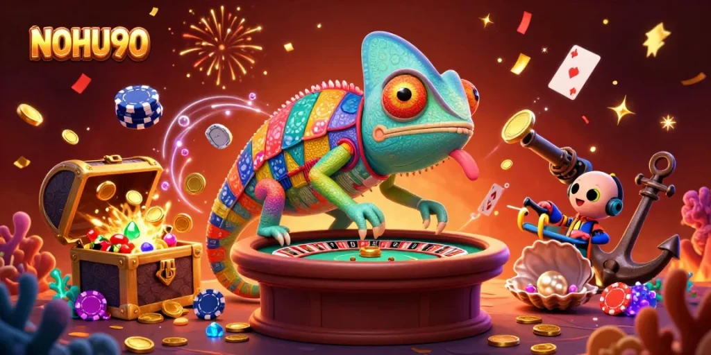 Spin and win with NOHU90 as the chameleon casino owner captures golden coins amidst vibrant gaming chaos.