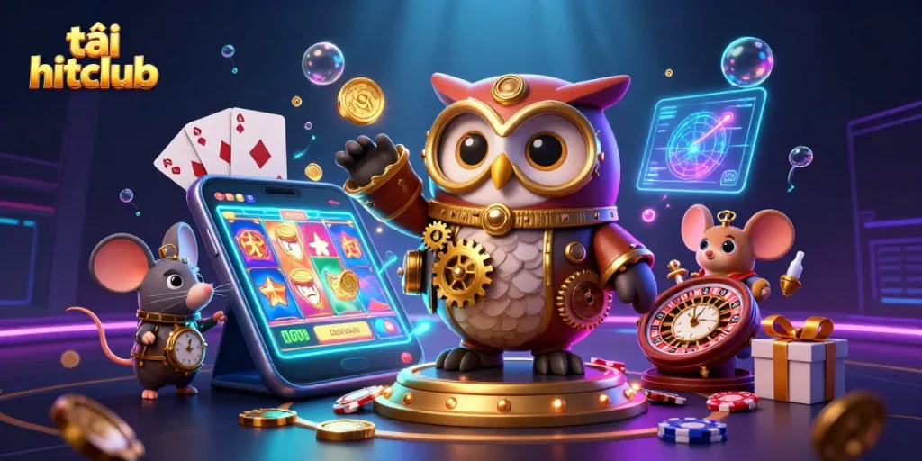 Engage with the vibrant 3D illustration representing tải hitclub, showcasing animated casino elements and characters.