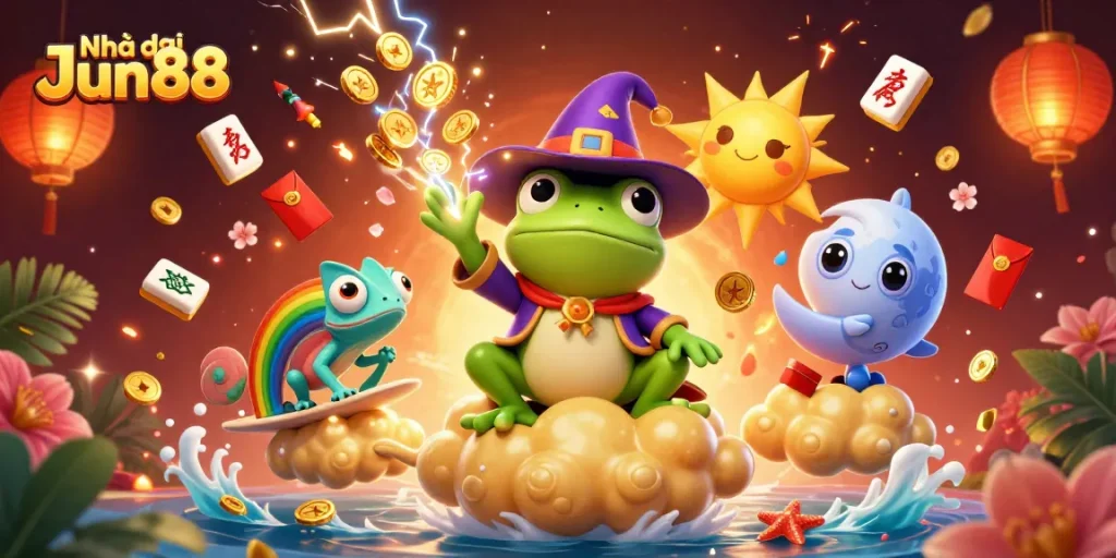 Win big with Nhà cái Jun88 in a vibrant 3D casino-themed illustration filled with magical elements.
