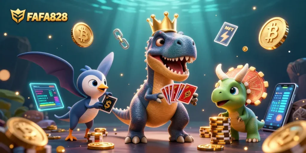 Join FAFA828 for a thrilling 3D casino adventure with vibrant characters and crypto elements.