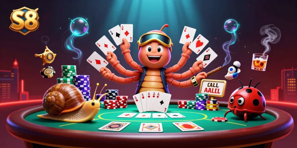 Experience thrilling gameplay at S8 with a vibrant casino scene featuring charming characters and poker elements.
