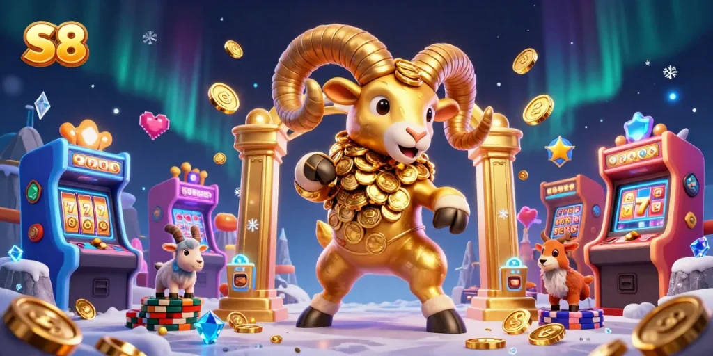 S8 offers thrilling casino gaming with a golden ram charging through a vibrant slot machine scene