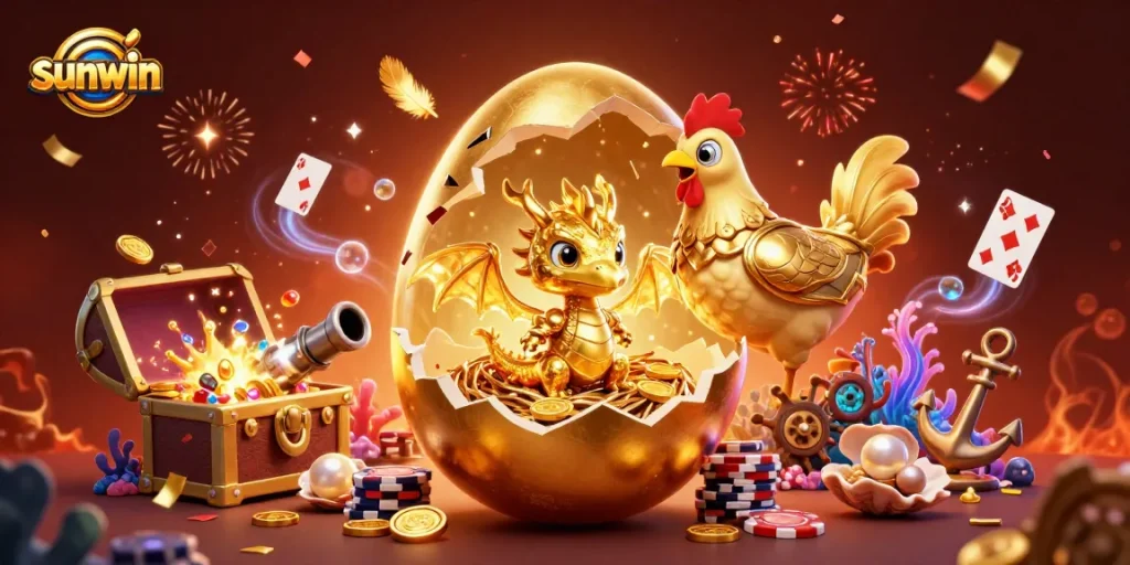 Engage in thrilling wins with sunwin's golden dragon emerging from poker chips and treasure.