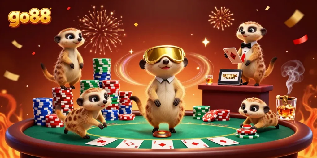 Experience the excitement of go88 with meerkats managing a vibrant casino scene filled with action.