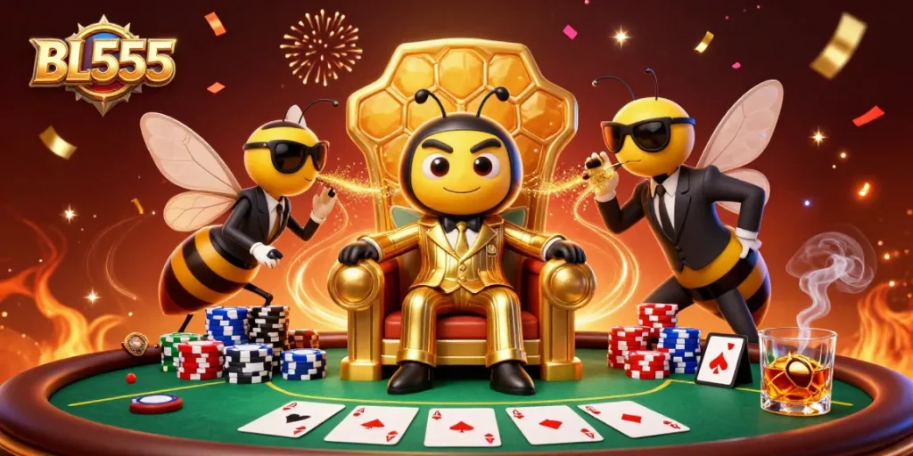 Engage in exciting poker action at BL555 with a colorful casino scene featuring the mob boss and vibrant game elements.