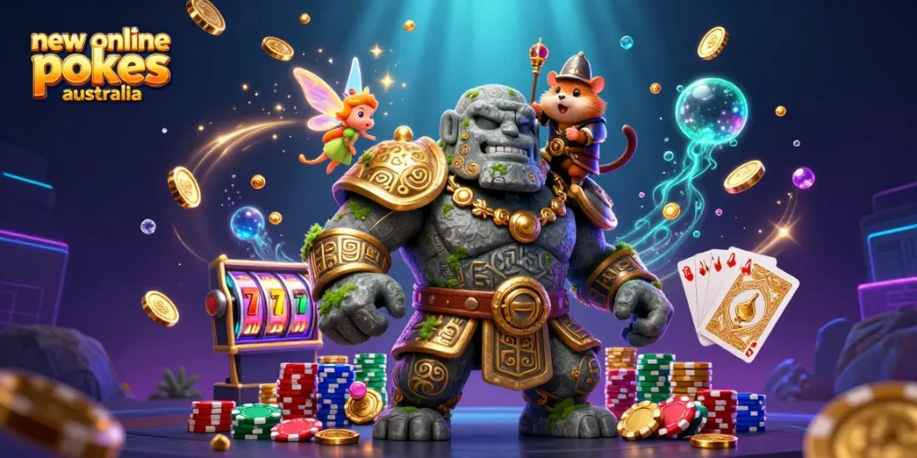 Experience the excitement of new online pokies Australia with vibrant 3D characters and casino elements.