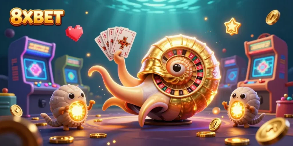 Engage with 8XBET in a vibrant underwater casino scene featuring a nautilus roulette and glowing arcade aesthetics.