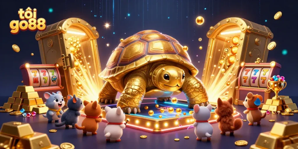 Experience the thrill of tải go88 with a golden tortoise pinball machine in a treasure-filled casino.
