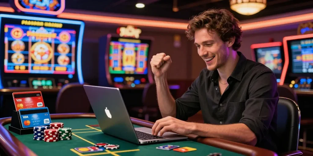 UK space 2017 showcases a player delighting in credit card casino gaming experience with Visa and Mastercard.