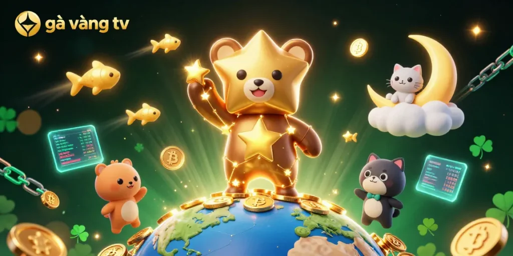 Experience the magic of gà vàng tv with vibrant 3D characters and crypto elements in this lively casino scene.