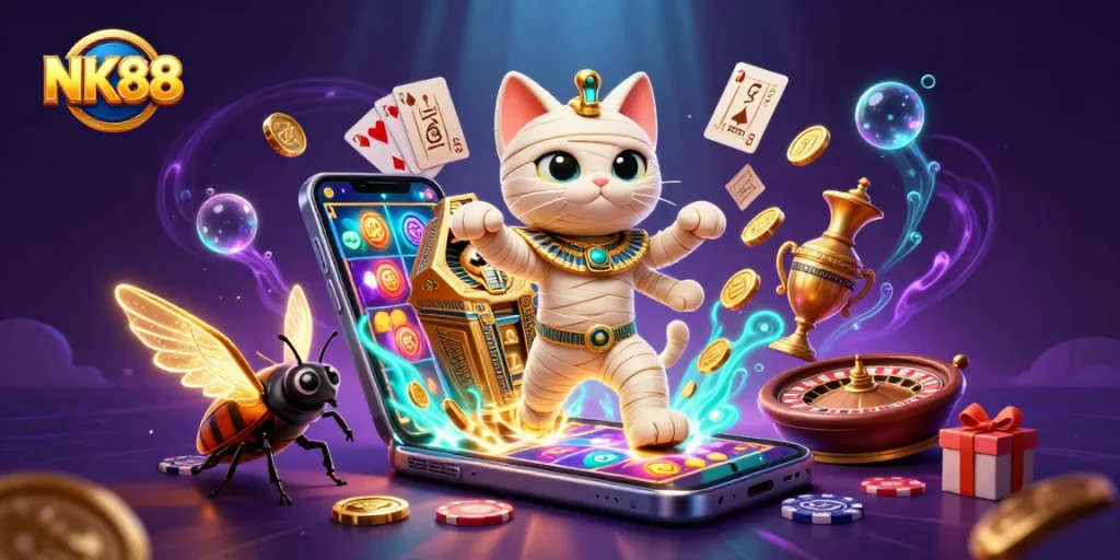 Engage with exciting gaming action at NK88 featuring a mummy cat and vibrant casino elements.